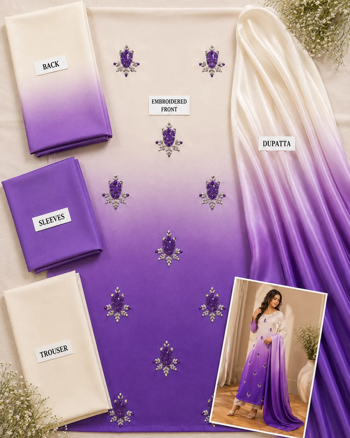 Premium 3 Piece Ombre Shamoz Silk Suit – Ivory & Royal Purple Embroidered Collection
