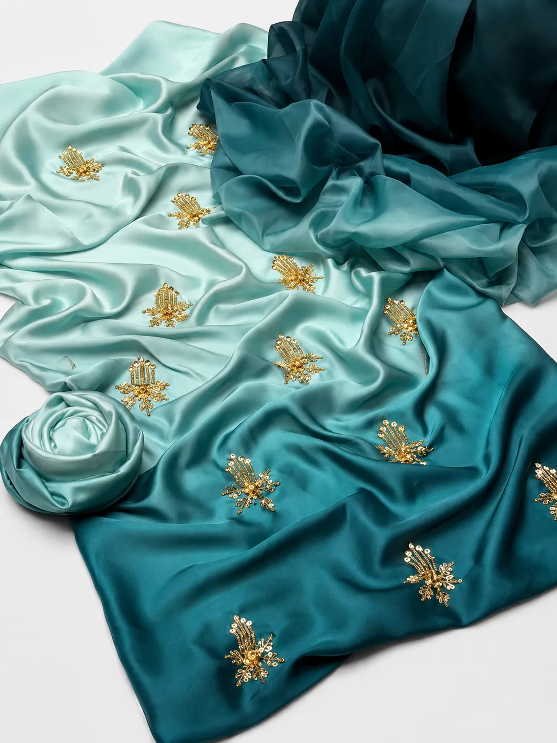 Premium 3 Piece Multi-Shaded Shamoz Silk Suit – Seafoam & Teal Embroidered Collection