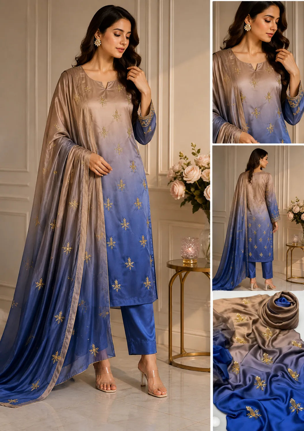 Premium 3 Piece Multi-Shaded Shamoz Silk Suit – Taupe & Royal Blue Embroidered Collection