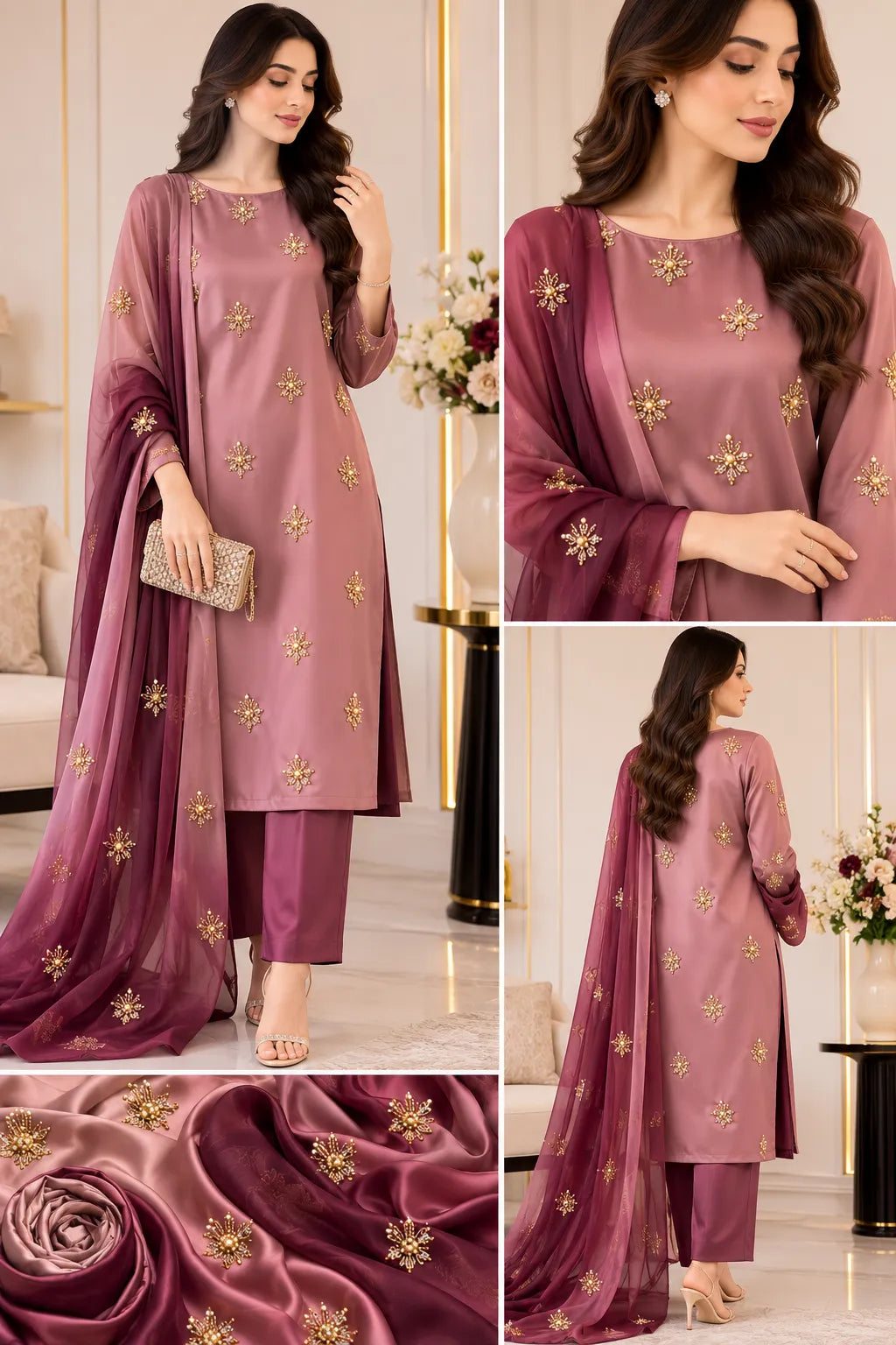 Premium 3 Piece Multi-Shaded Shamoz Silk Suit – Dusty Rose & Plum Embroidered Collection