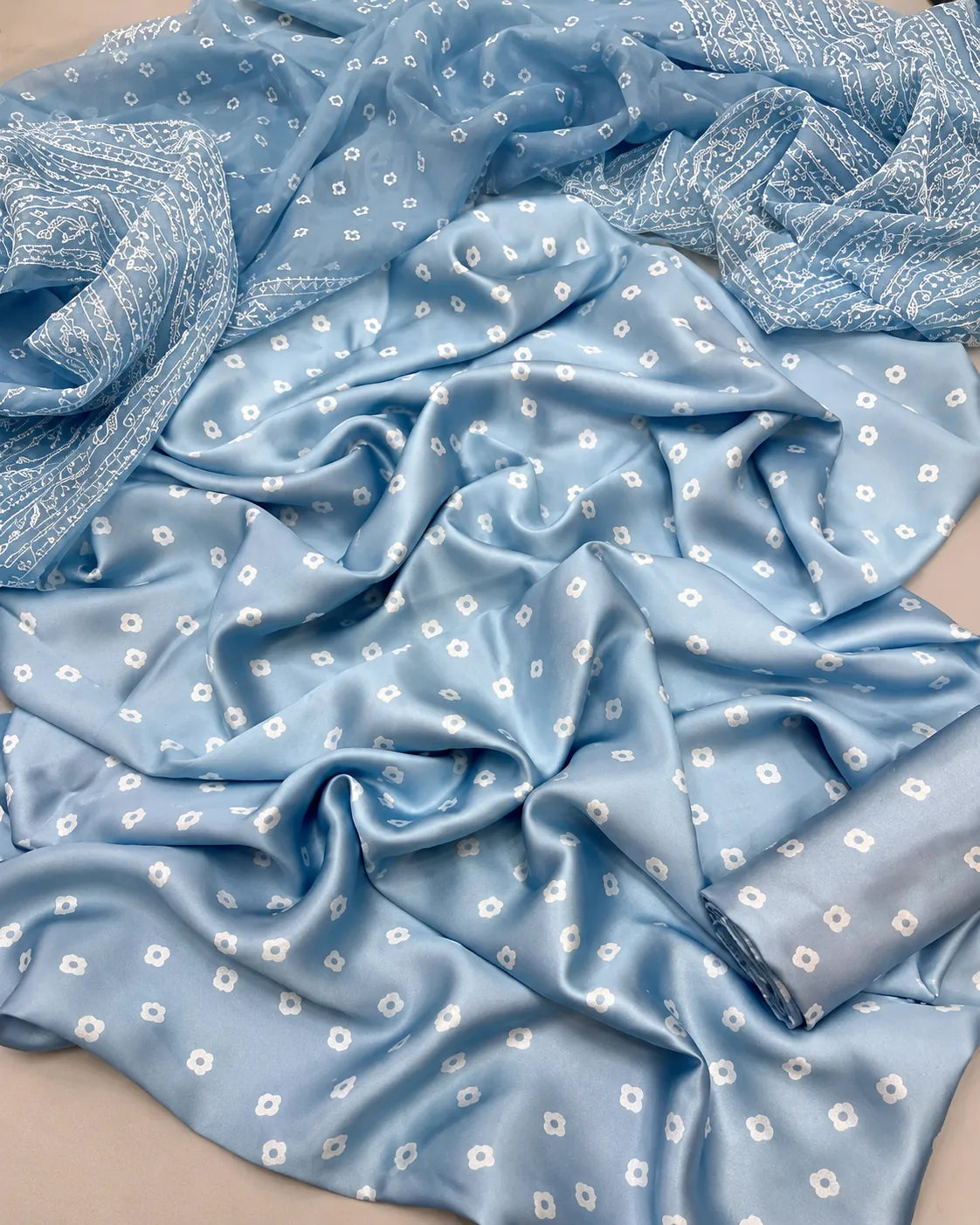 Premium 3 Piece Light Blue Shamoz Silk Suit – Embroidered Pearl Button Collection