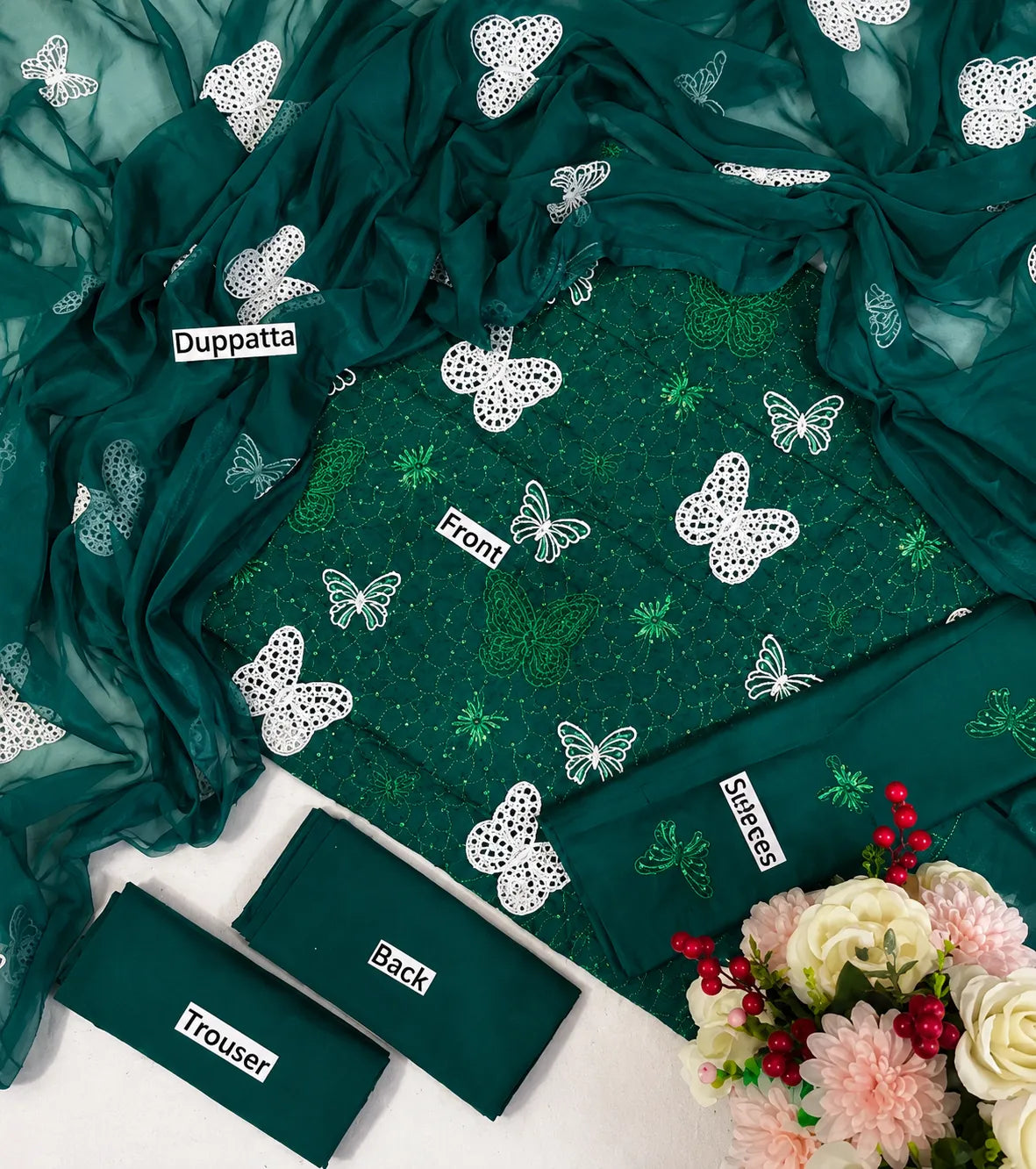 Emerald Green Butterfly Embroidered 3-Piece Lawn Suit