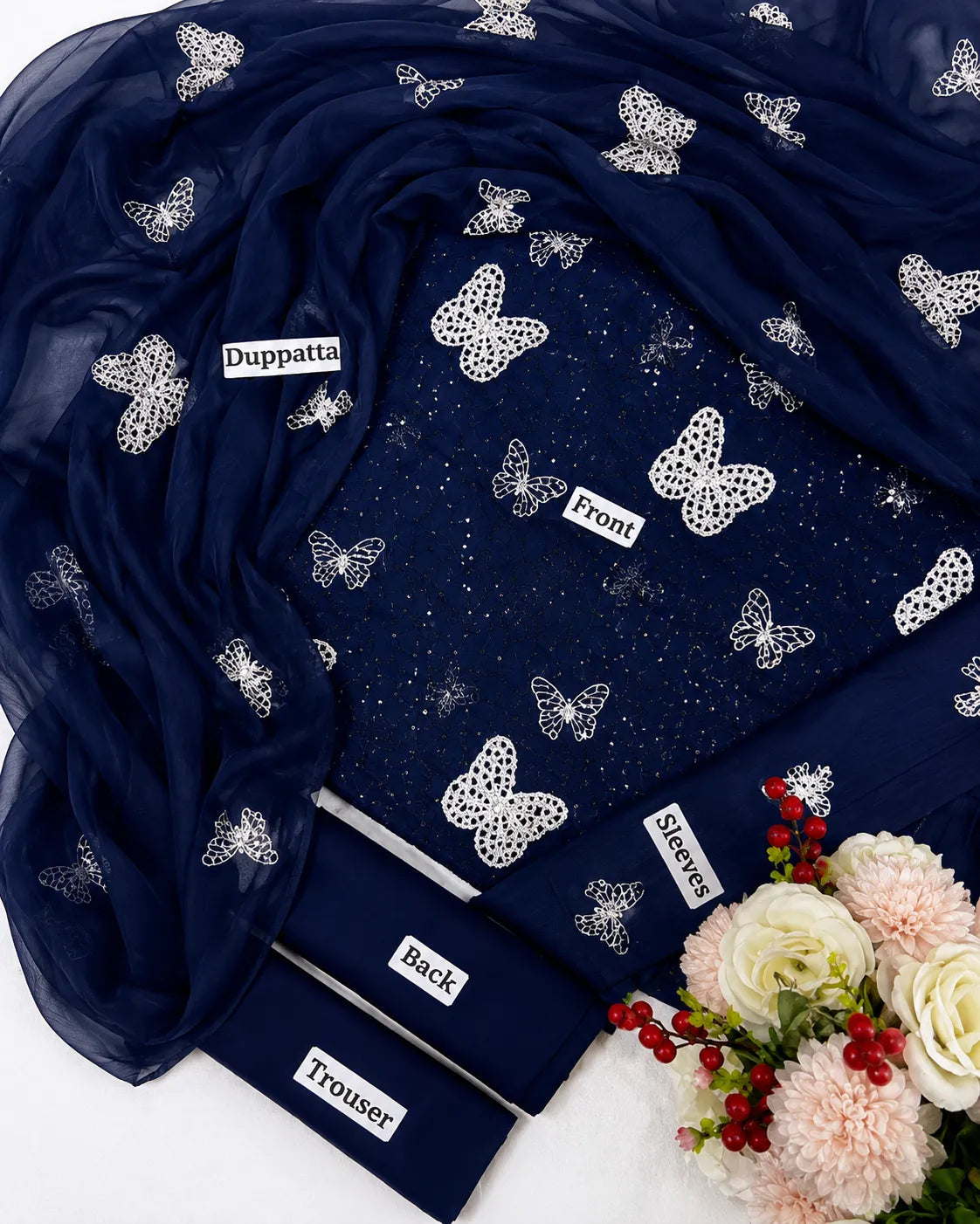 Navy Blue Butterfly Embroidered 3-Piece Lawn Suit