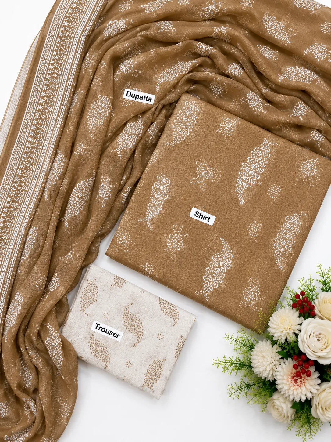 Original 3 Piece Premium Airjet Lawn Suit – Mocha Brown Digital Printed Collection