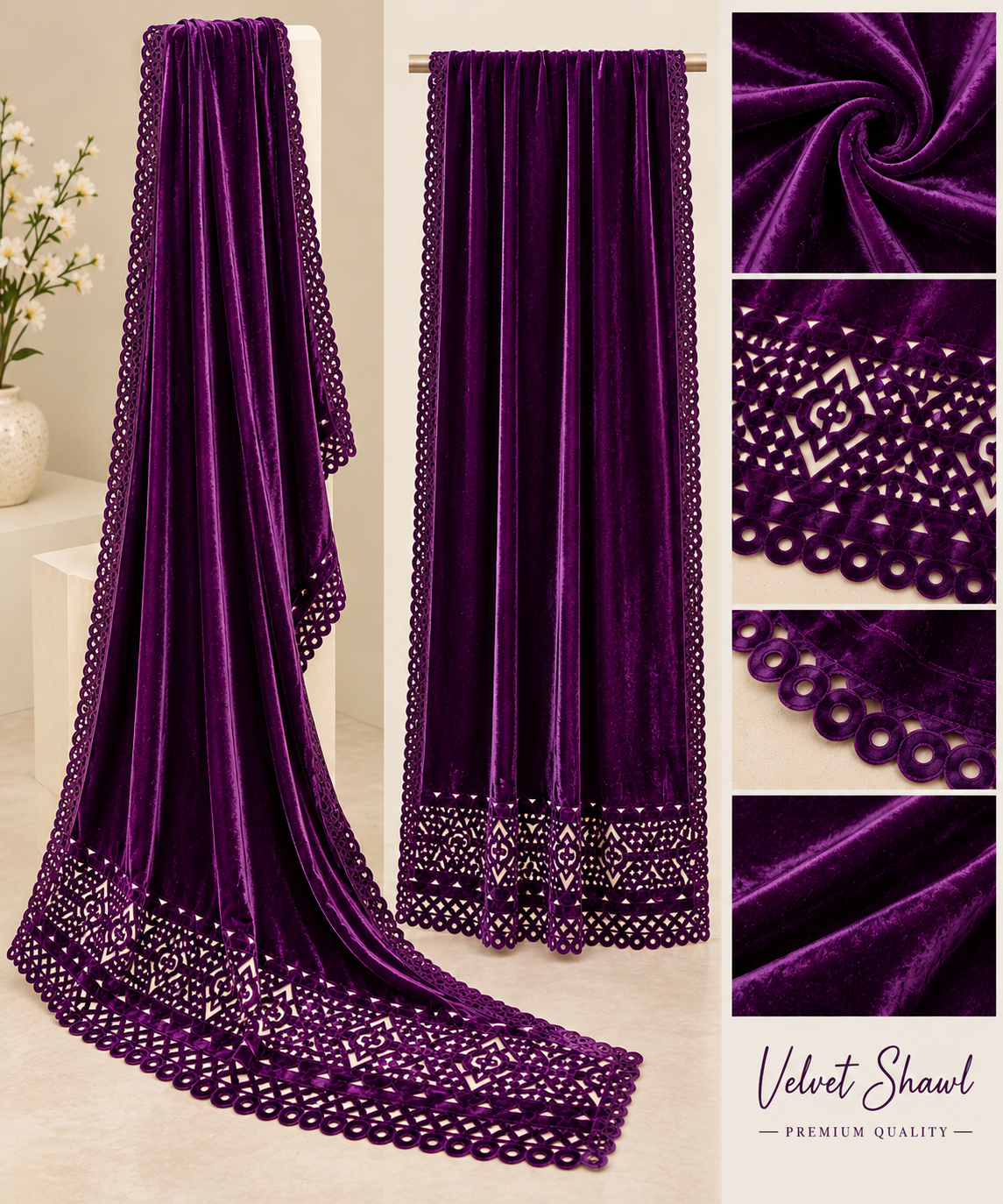 Premium Velvet Shawl – Embroidered Cutwork Border | Luxury Winter Collection