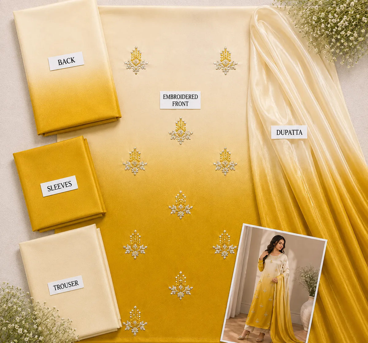 Premium 3 Piece Ombre Shamoz Silk Suit – Ivory & Golden Embroidered Collection