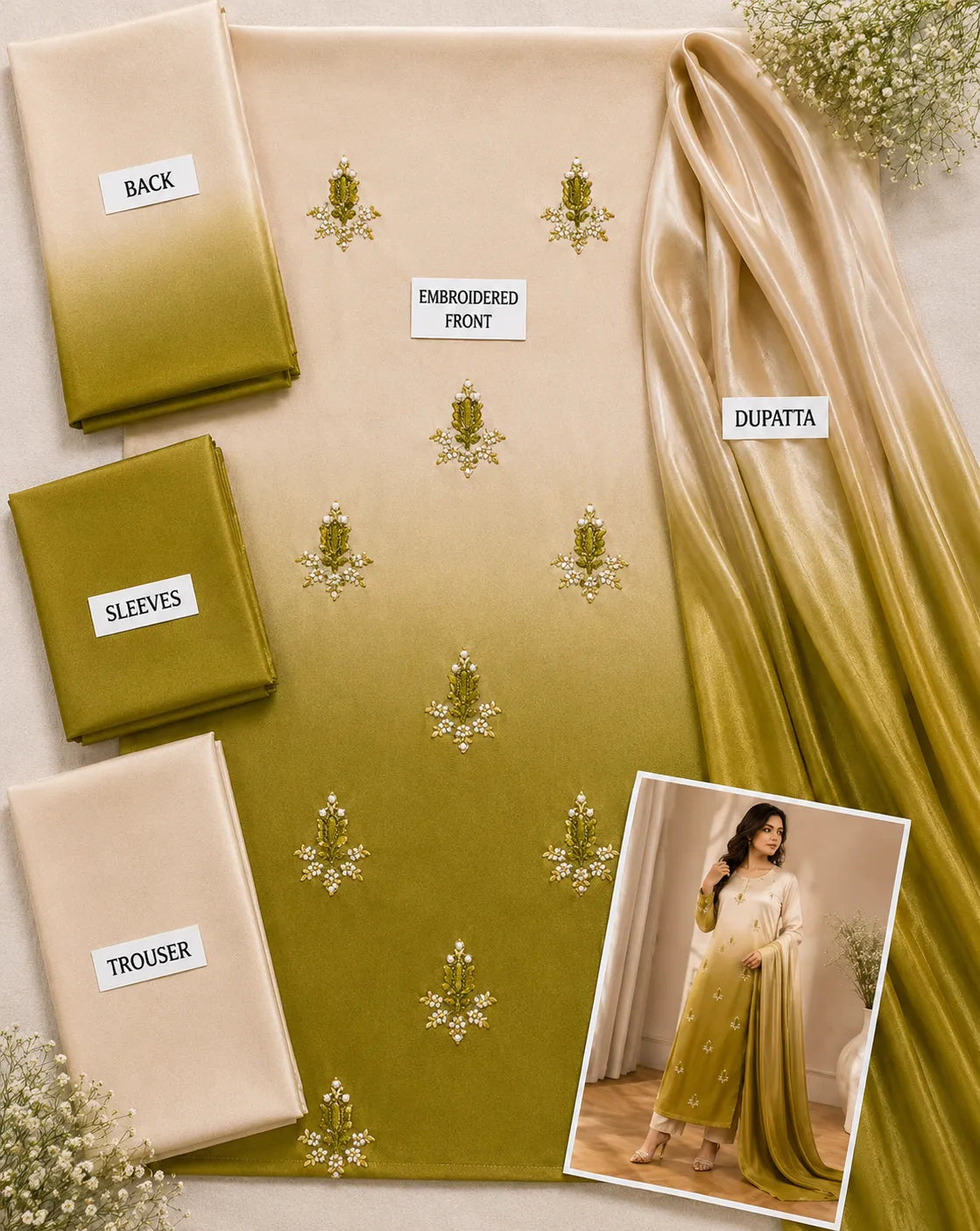 Premium 3 Piece Ombre Shamoz Silk Suit – Ivory & Olive Gold Embroidered Collection