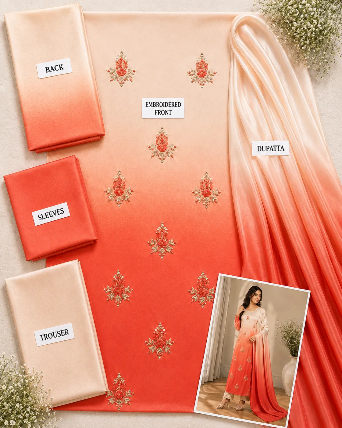 Premium 3 Piece Ombre Shamoz Silk Suit – Ivory & Coral Red Embroidered Collection