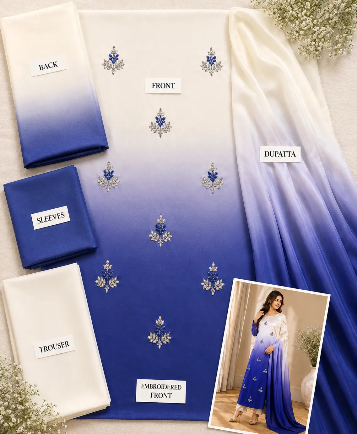 Premium 3 Piece Multi-Shaded Shamoz Silk Suit – Ivory & Royal Purple Embroidered Collection