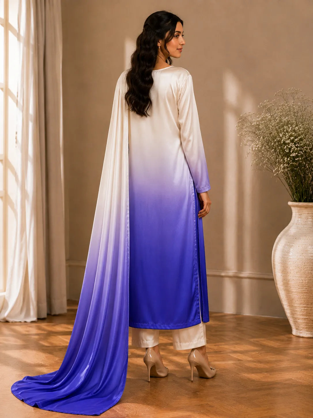 Premium 3 Piece Ombre Shamoz Silk Suit – Ivory & Royal Blue Embroidered Collection