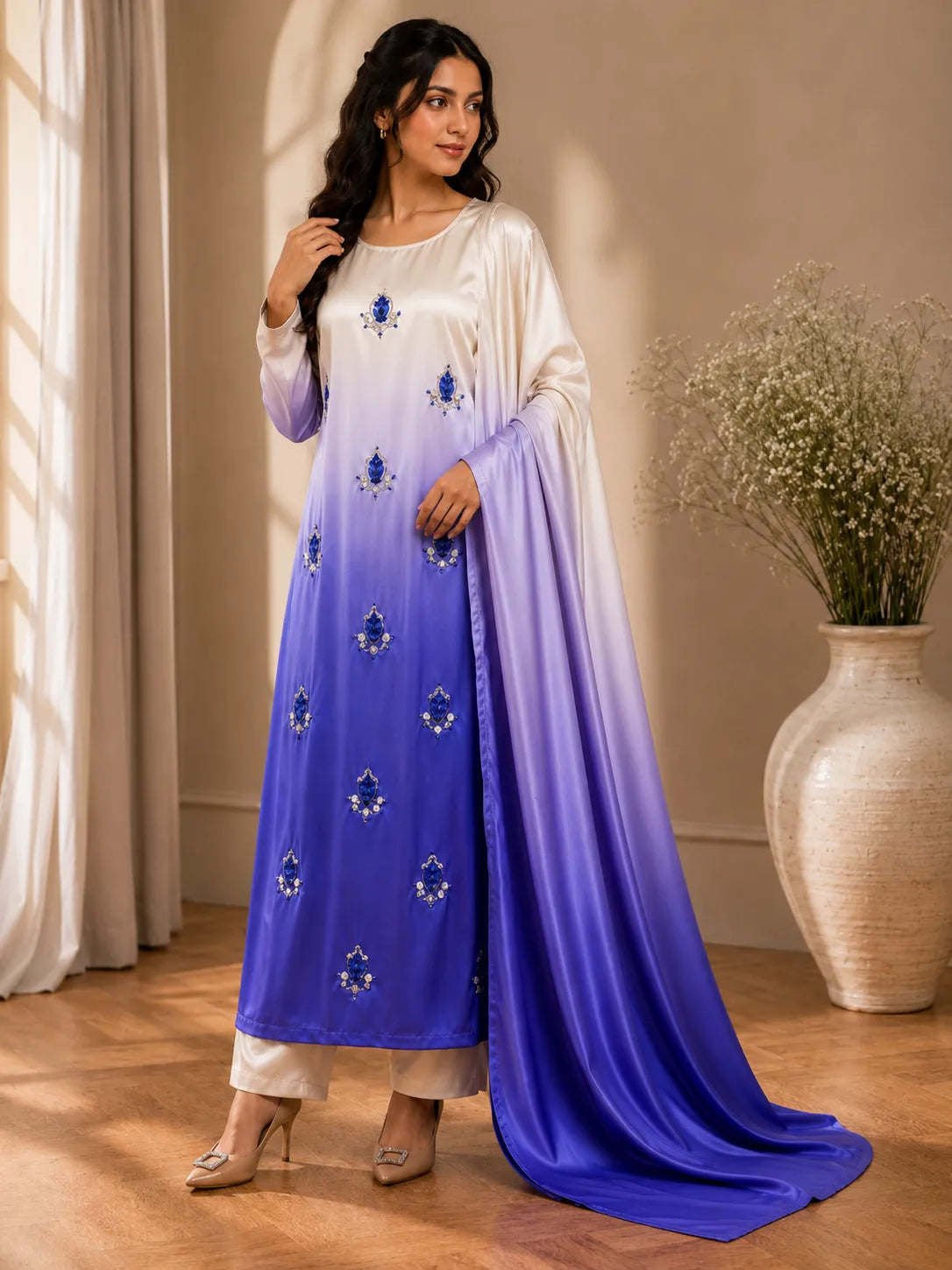 Premium 3 Piece Ombre Shamoz Silk Suit – Ivory & Royal Blue Embroidered Collection