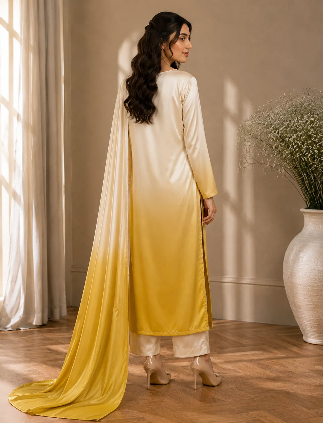 Premium 3 Piece Ombre Shamoz Silk Suit – Ivory & Golden Embroidered Collection
