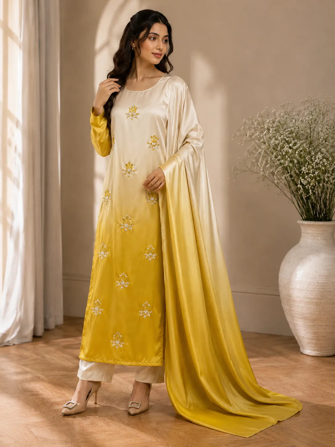 Premium 3 Piece Ombre Shamoz Silk Suit – Ivory & Golden Embroidered Collection