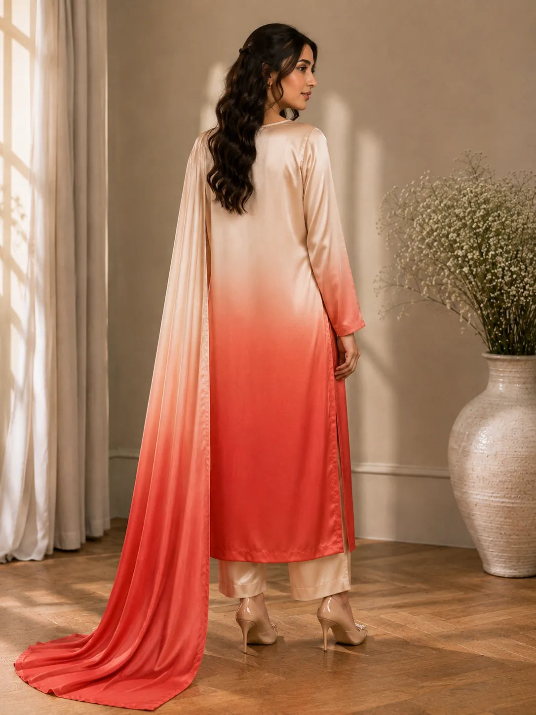 Premium 3 Piece Ombre Shamoz Silk Suit – Ivory & Coral Red Embroidered Collection