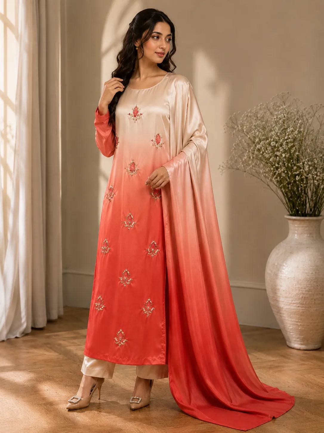 Premium 3 Piece Ombre Shamoz Silk Suit – Ivory & Coral Red Embroidered Collection