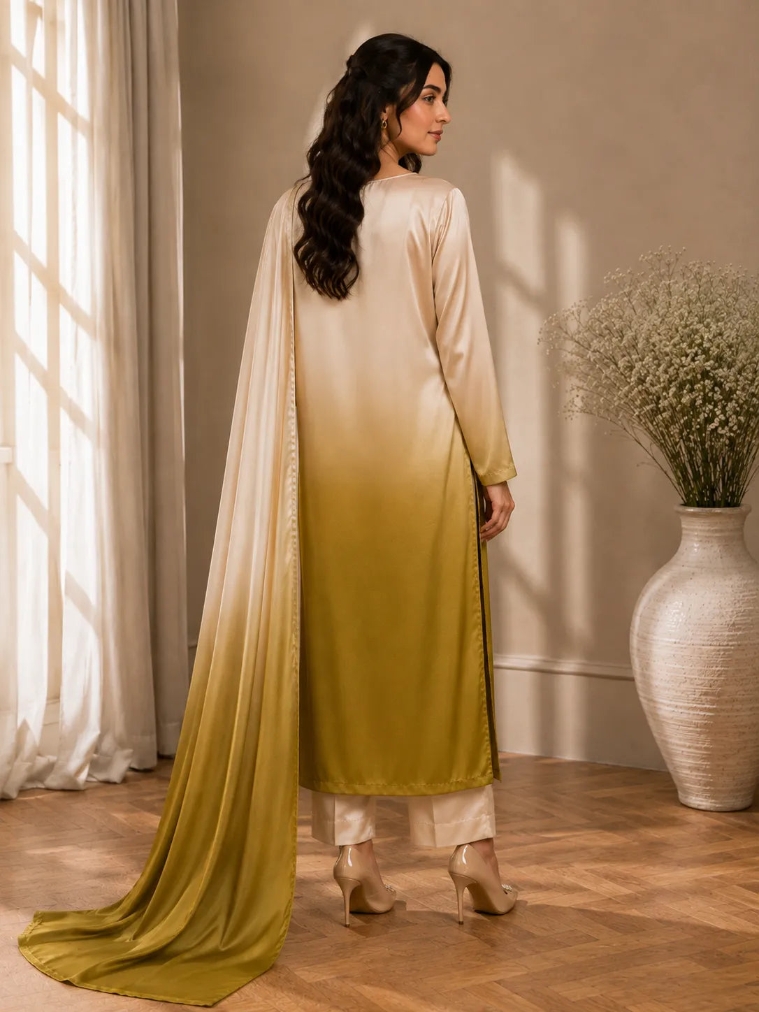 Premium 3 Piece Ombre Shamoz Silk Suit – Ivory & Olive Gold Embroidered Collection