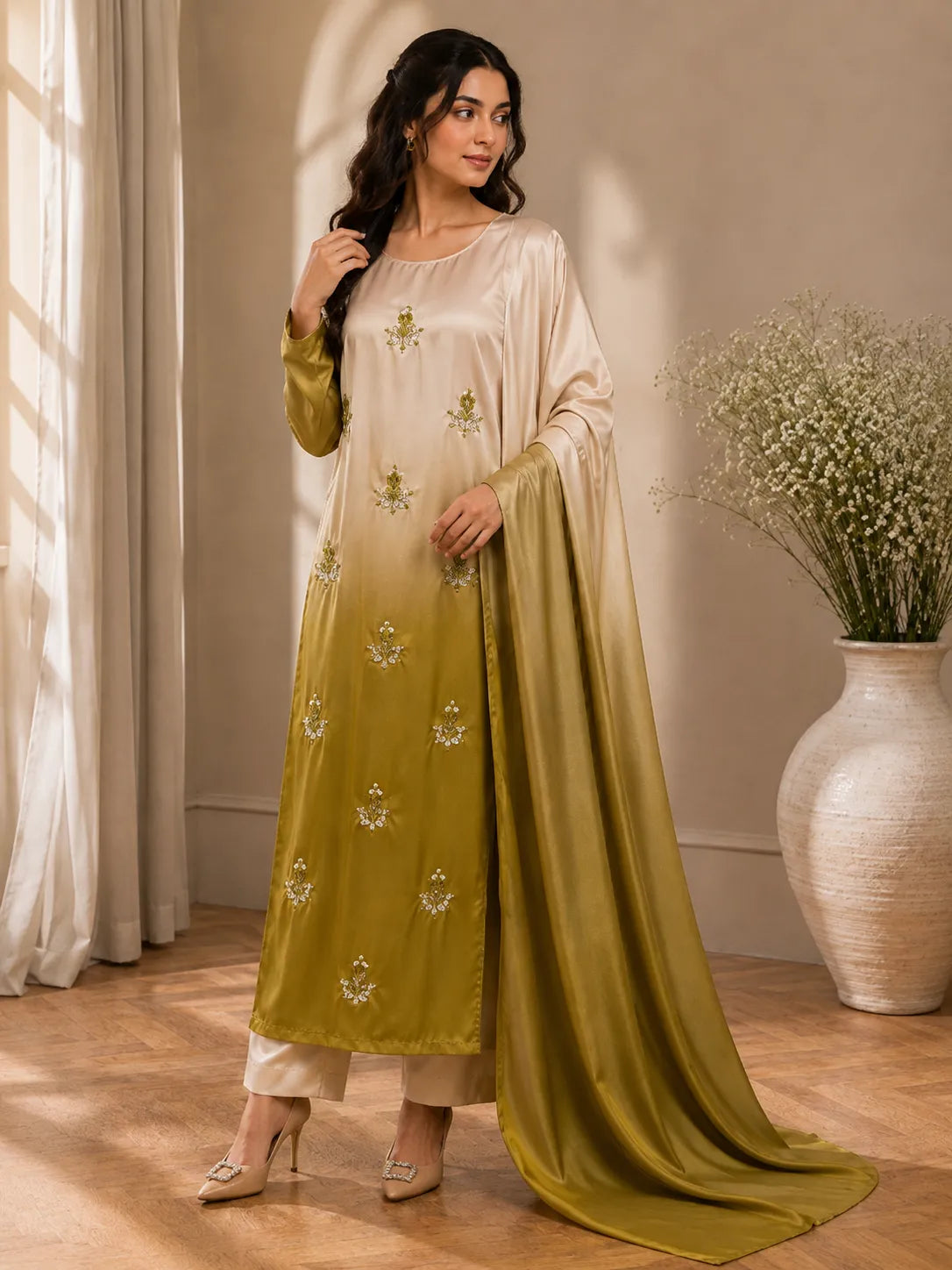 Premium 3 Piece Ombre Shamoz Silk Suit – Ivory & Olive Gold Embroidered Collection