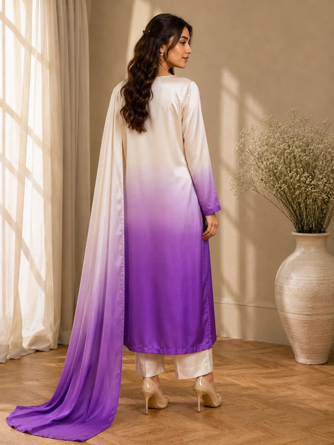 Premium 3 Piece Ombre Shamoz Silk Suit – Ivory & Royal Purple Embroidered Collection