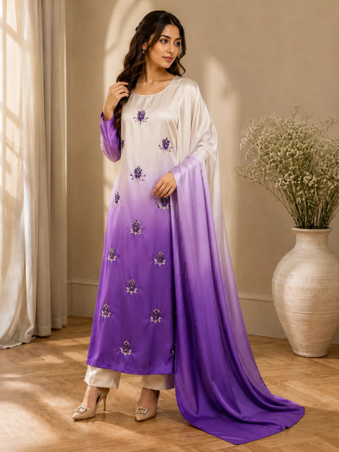 Premium 3 Piece Ombre Shamoz Silk Suit – Ivory & Royal Purple Embroidered Collection