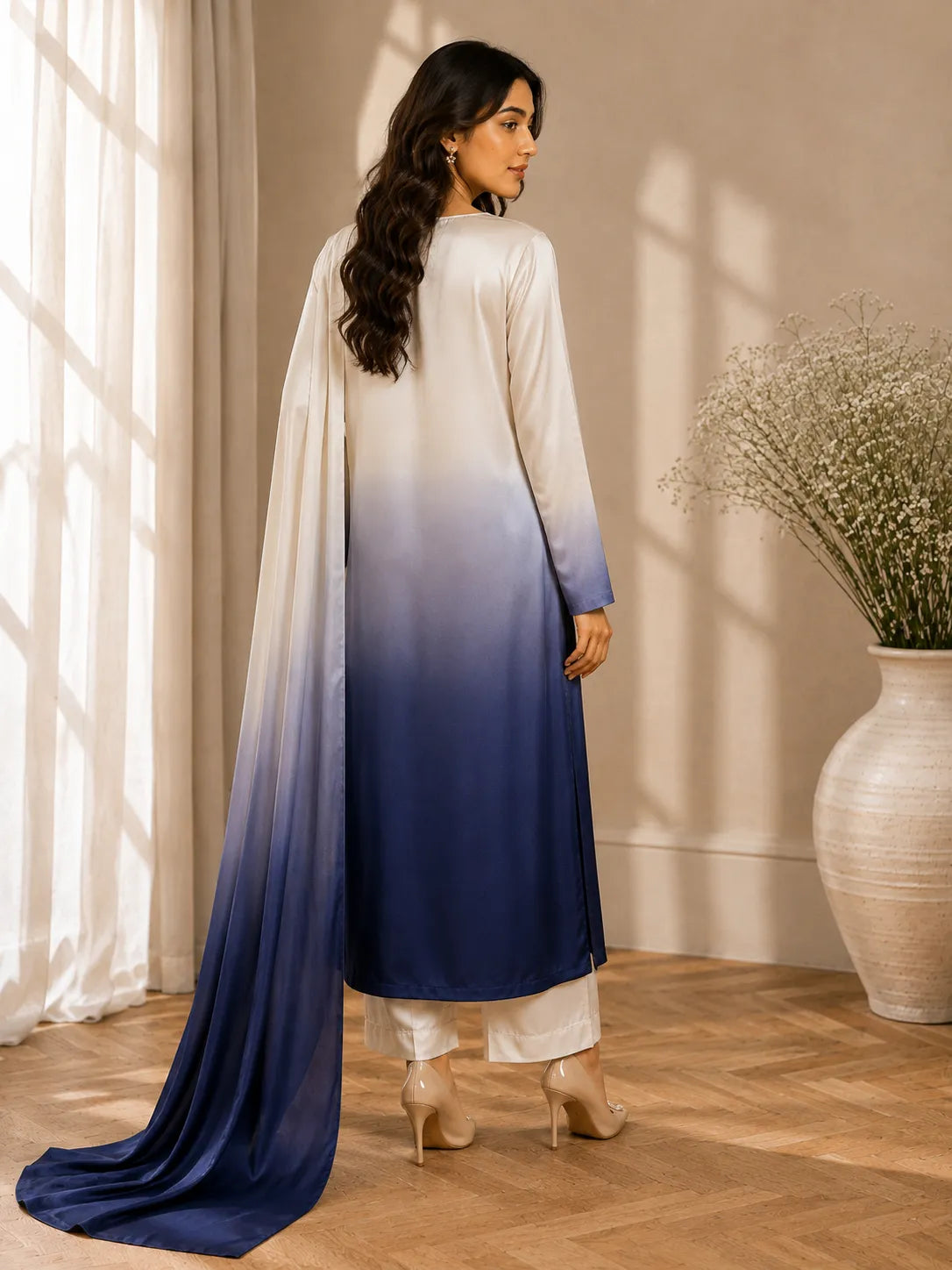 Premium 3 Piece Multi-Shaded Shamoz Silk Suit – Ivory & Royal Purple Embroidered Collection