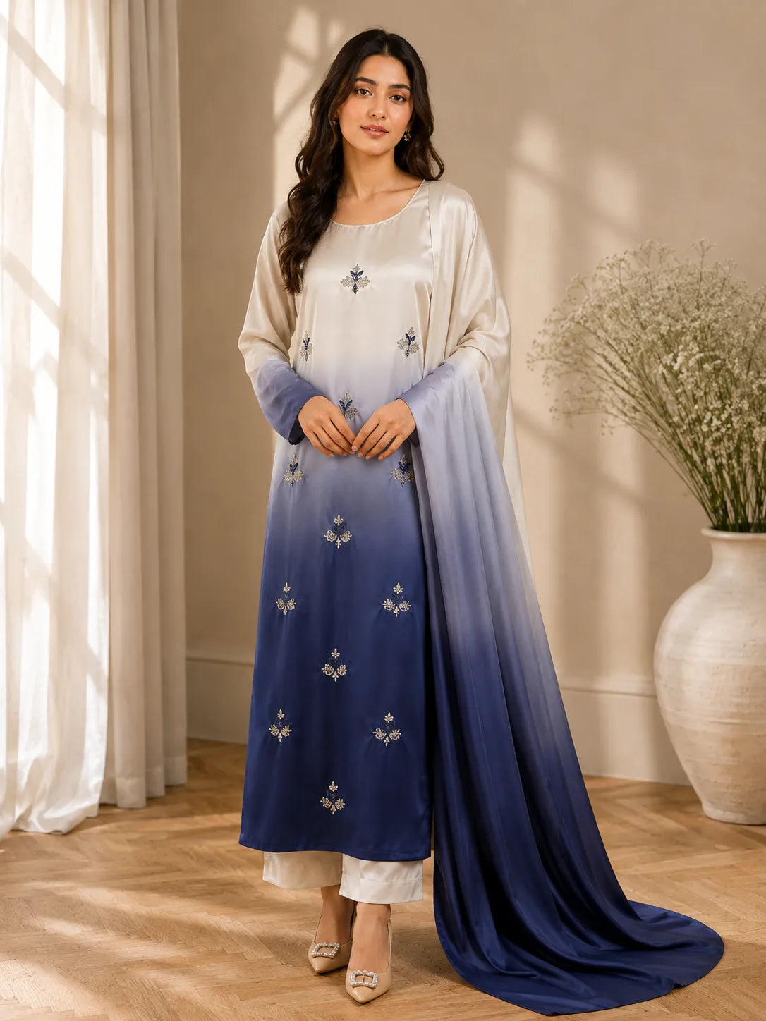 Premium 3 Piece Multi-Shaded Shamoz Silk Suit – Ivory & Royal Purple Embroidered Collection