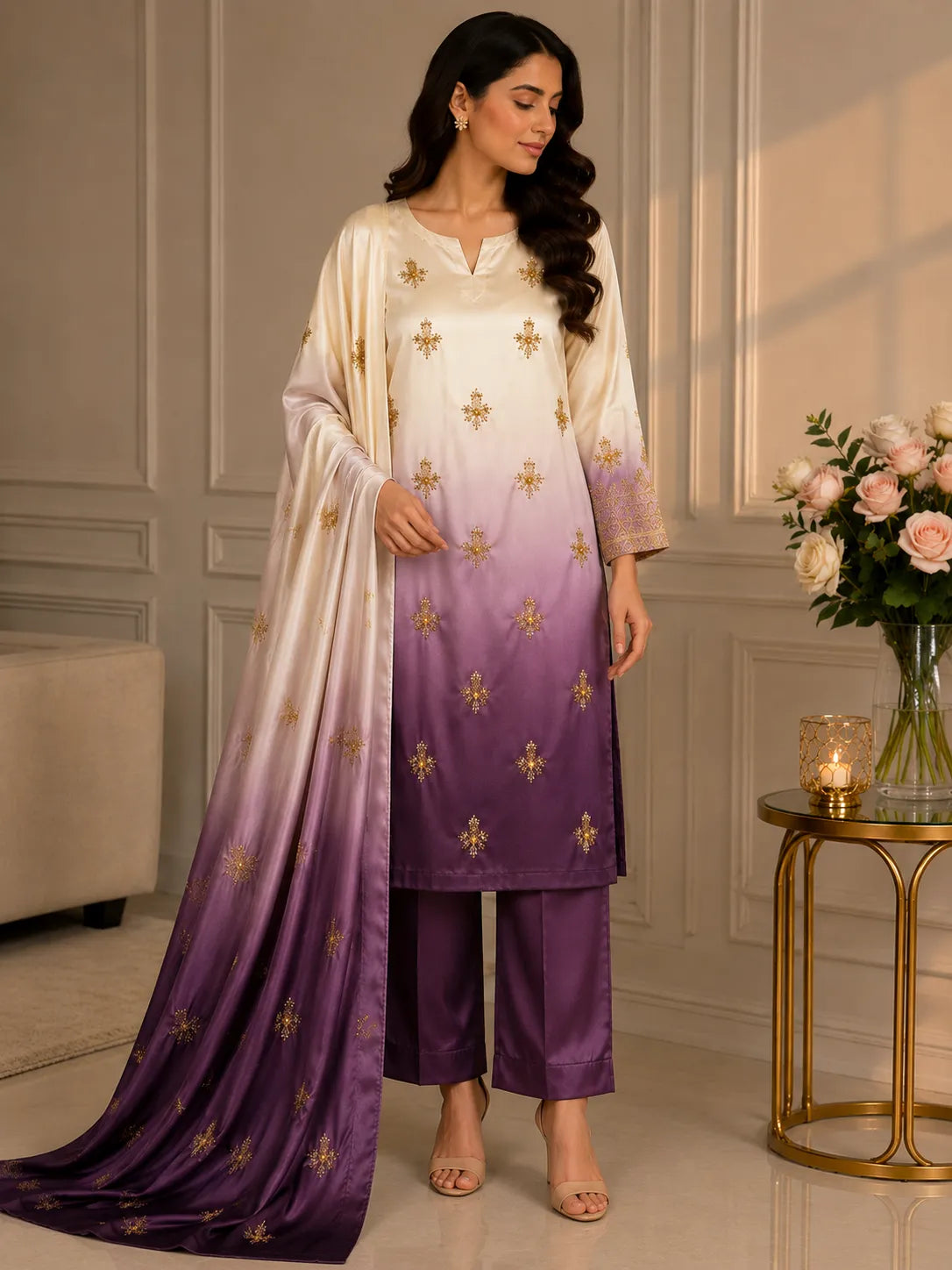 Premium 3 Piece Multi-Shaded Shamoz Silk Suit – Digital Printed &amp; Embroidered Front