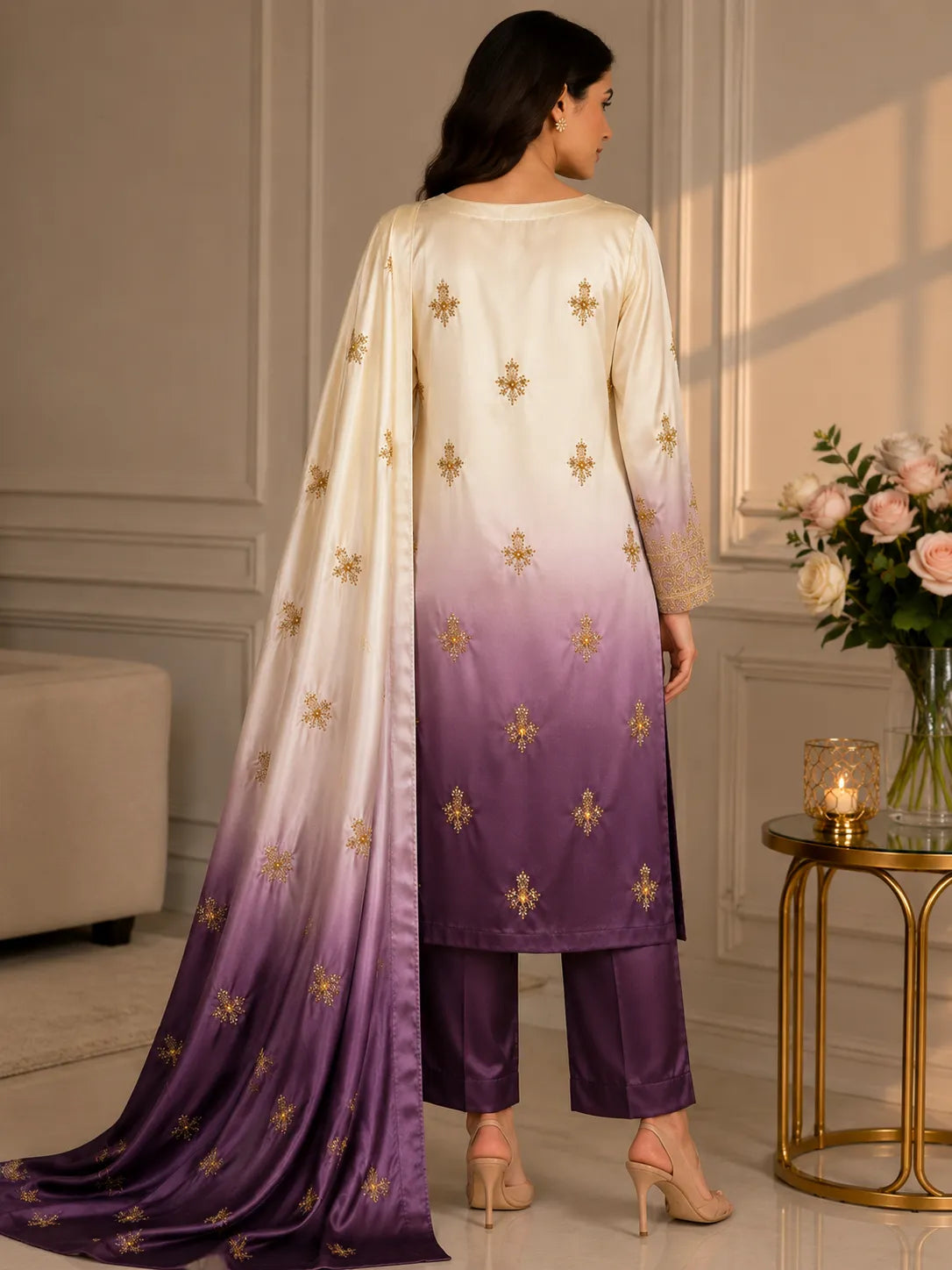 Premium 3 Piece Multi-Shaded Shamoz Silk Suit – Digital Printed &amp; Embroidered Front