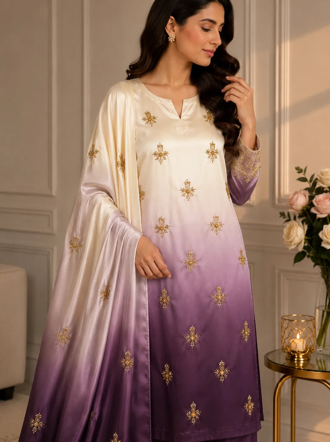 Premium 3 Piece Multi-Shaded Shamoz Silk Suit – Digital Printed &amp; Embroidered Front