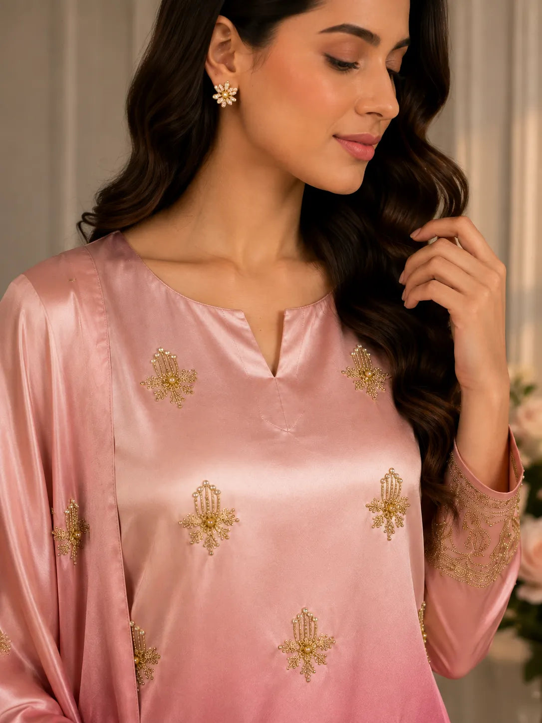 Premium 3 Piece Ombre Shamoz Silk Suit – Rose Pink & Magenta Embroidered Collection