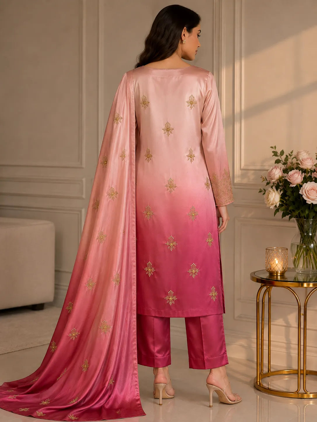 Premium 3 Piece Ombre Shamoz Silk Suit – Rose Pink & Magenta Embroidered Collection