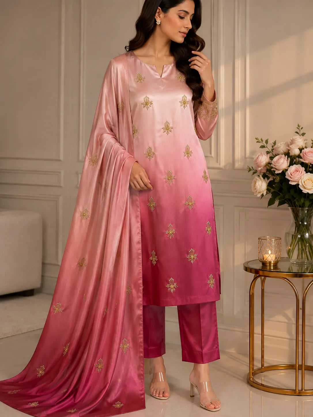 Premium 3 Piece Ombre Shamoz Silk Suit – Rose Pink & Magenta Embroidered Collection