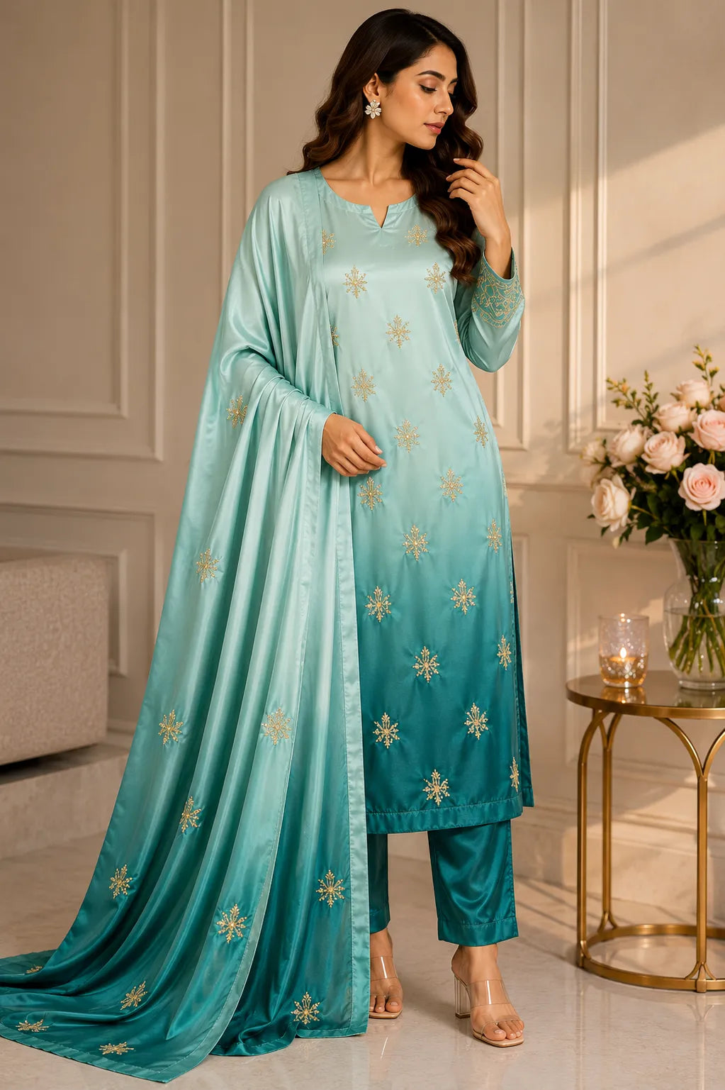 Premium 3 Piece Multi-Shaded Shamoz Silk Suit – Seafoam & Teal Embroidered Collection