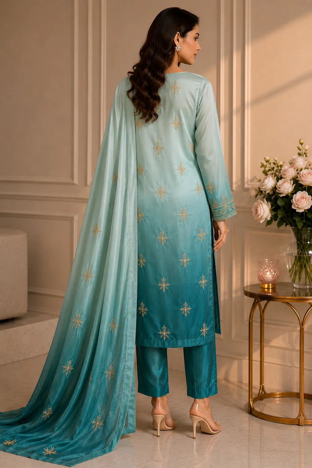 Premium 3 Piece Multi-Shaded Shamoz Silk Suit – Seafoam & Teal Embroidered Collection