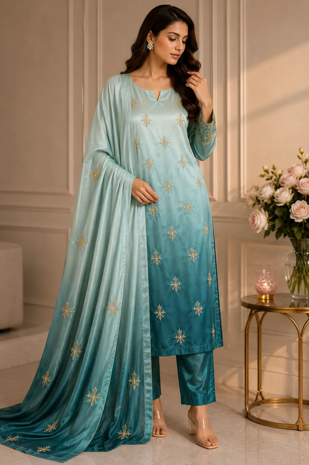 Premium 3 Piece Multi-Shaded Shamoz Silk Suit – Seafoam & Teal Embroidered Collection