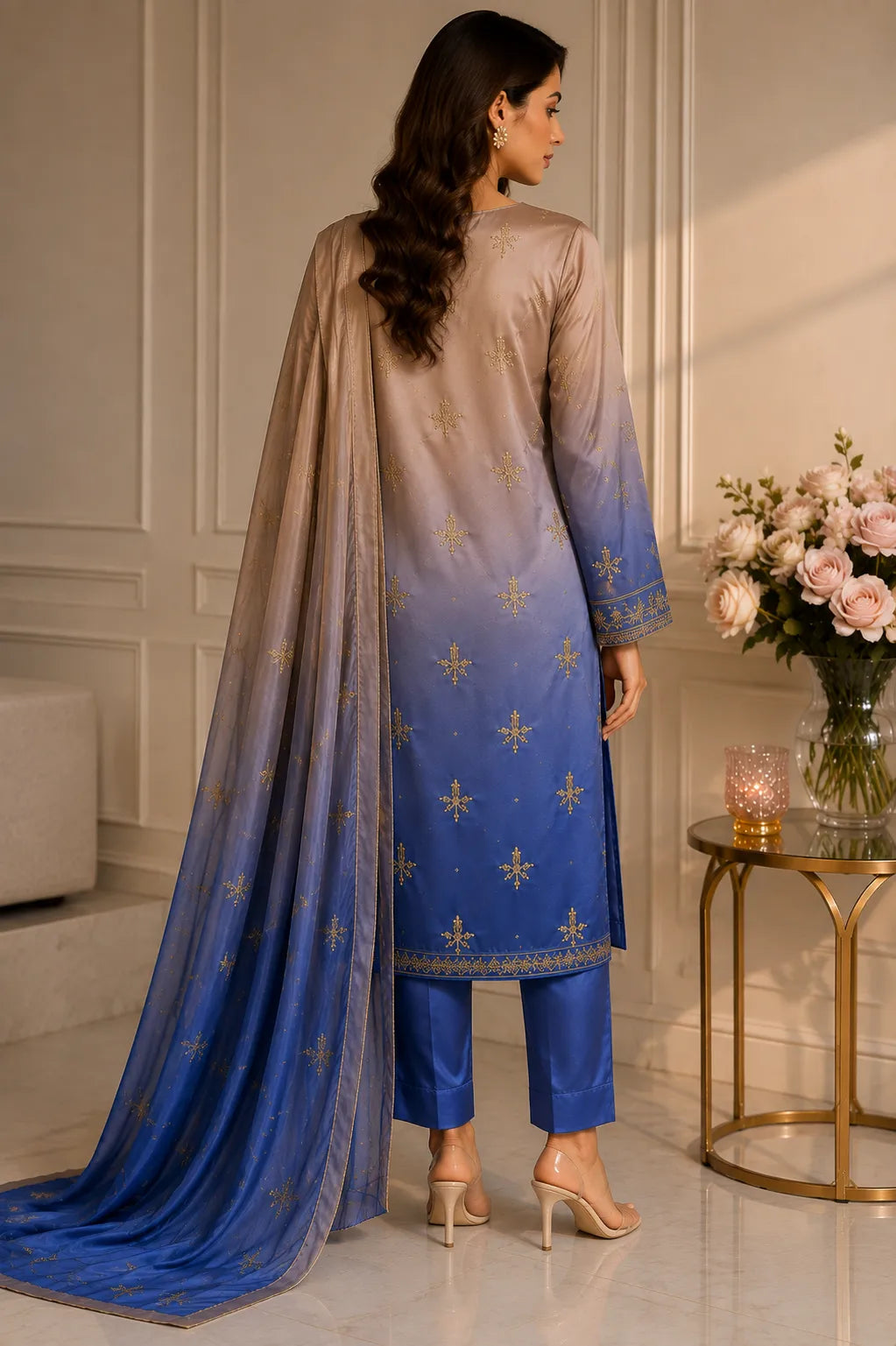 Premium 3 Piece Multi-Shaded Shamoz Silk Suit – Taupe & Royal Blue Embroidered Collection
