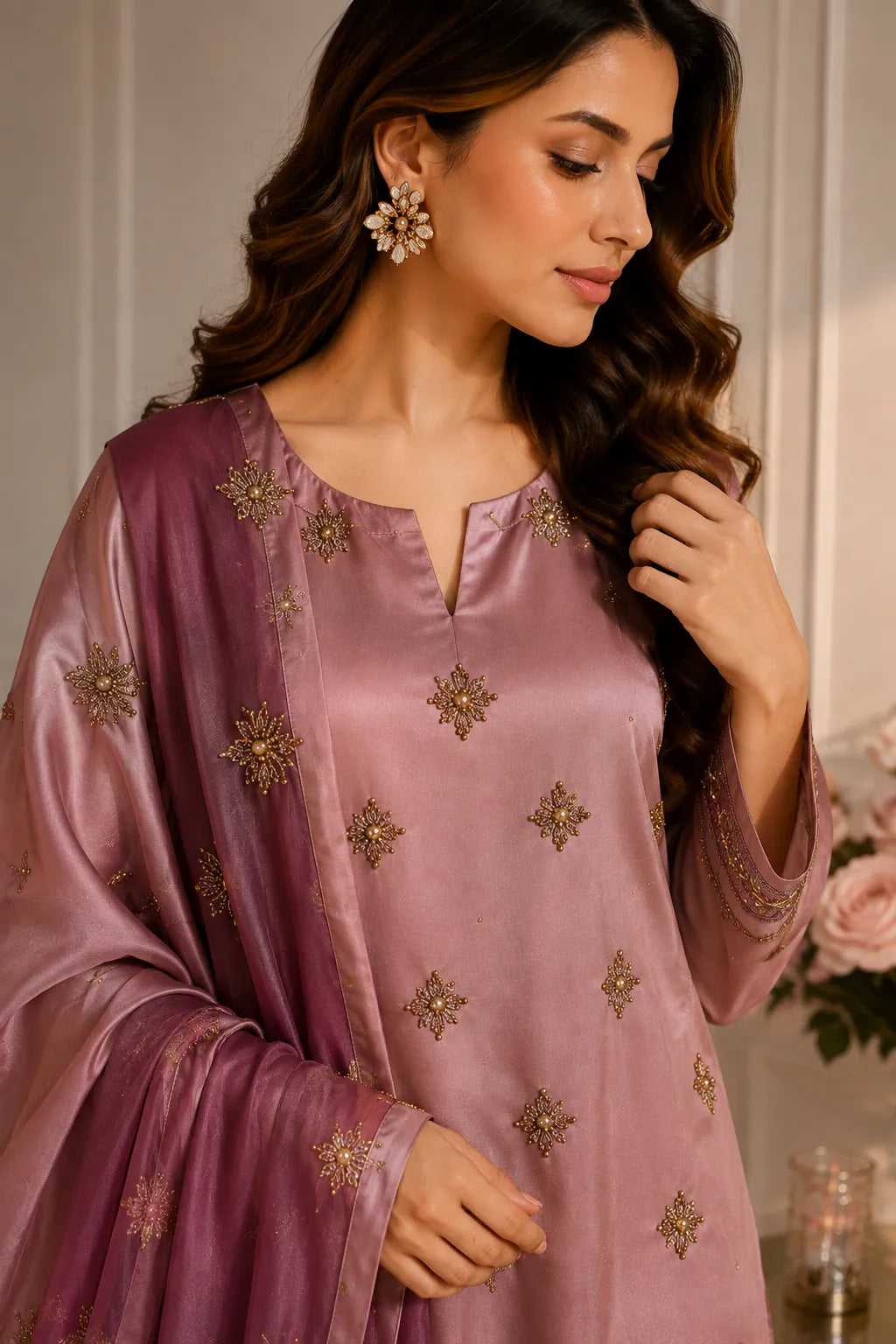 Premium 3 Piece Multi-Shaded Shamoz Silk Suit – Dusty Rose & Plum Embroidered Collection
