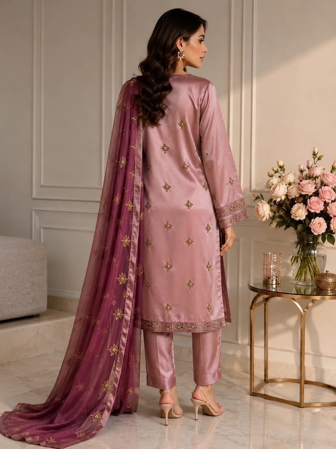 Premium 3 Piece Multi-Shaded Shamoz Silk Suit – Dusty Rose & Plum Embroidered Collection