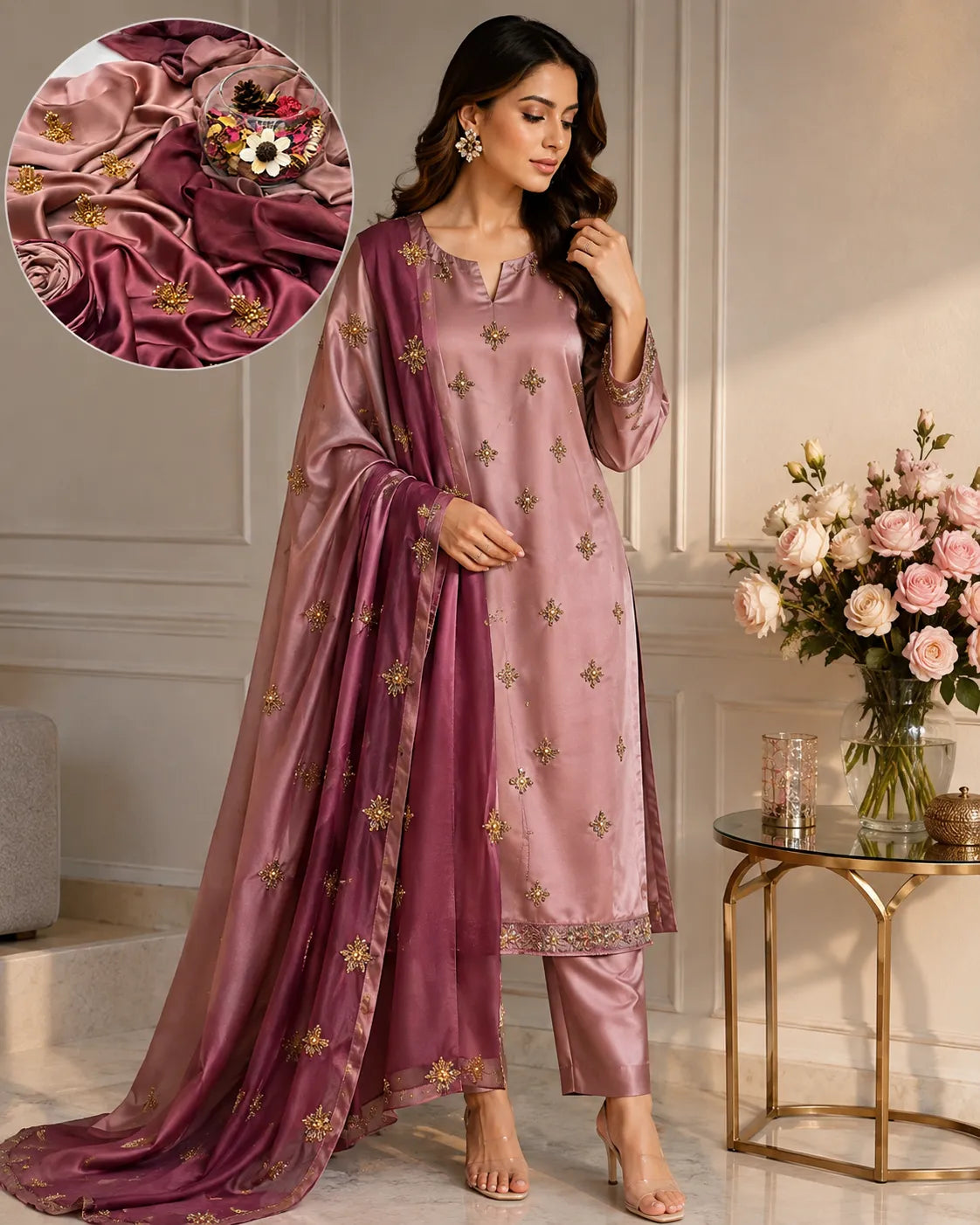 Premium 3 Piece Multi-Shaded Shamoz Silk Suit – Dusty Rose & Plum Embroidered Collection