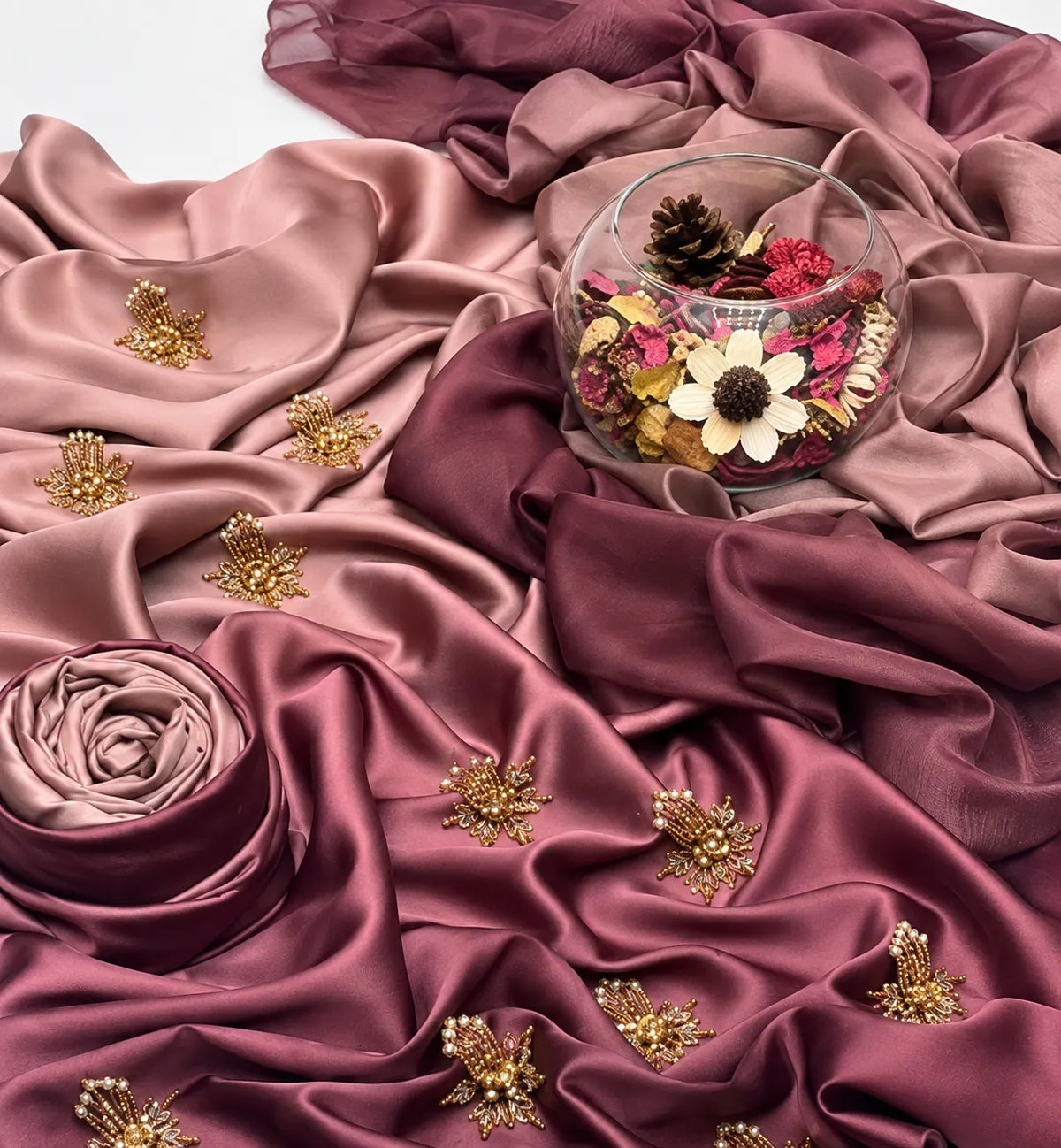 Premium 3 Piece Multi-Shaded Shamoz Silk Suit – Dusty Rose & Plum Embroidered Collection