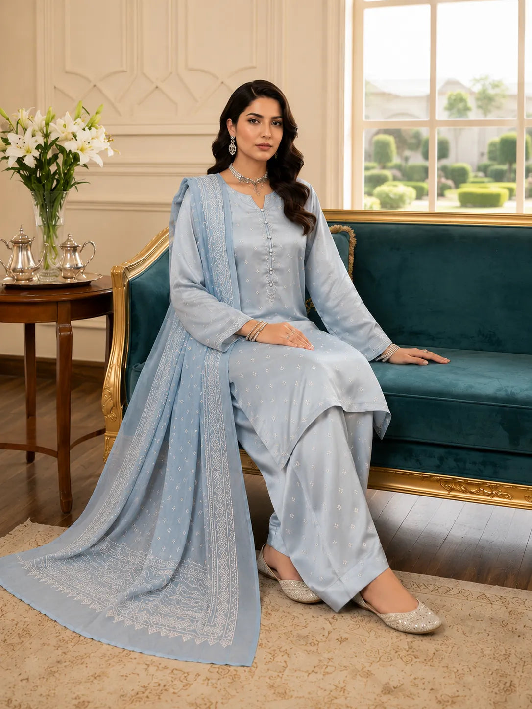 Premium 3 Piece Light Blue Shamoz Silk Suit – Embroidered Pearl Button Collection