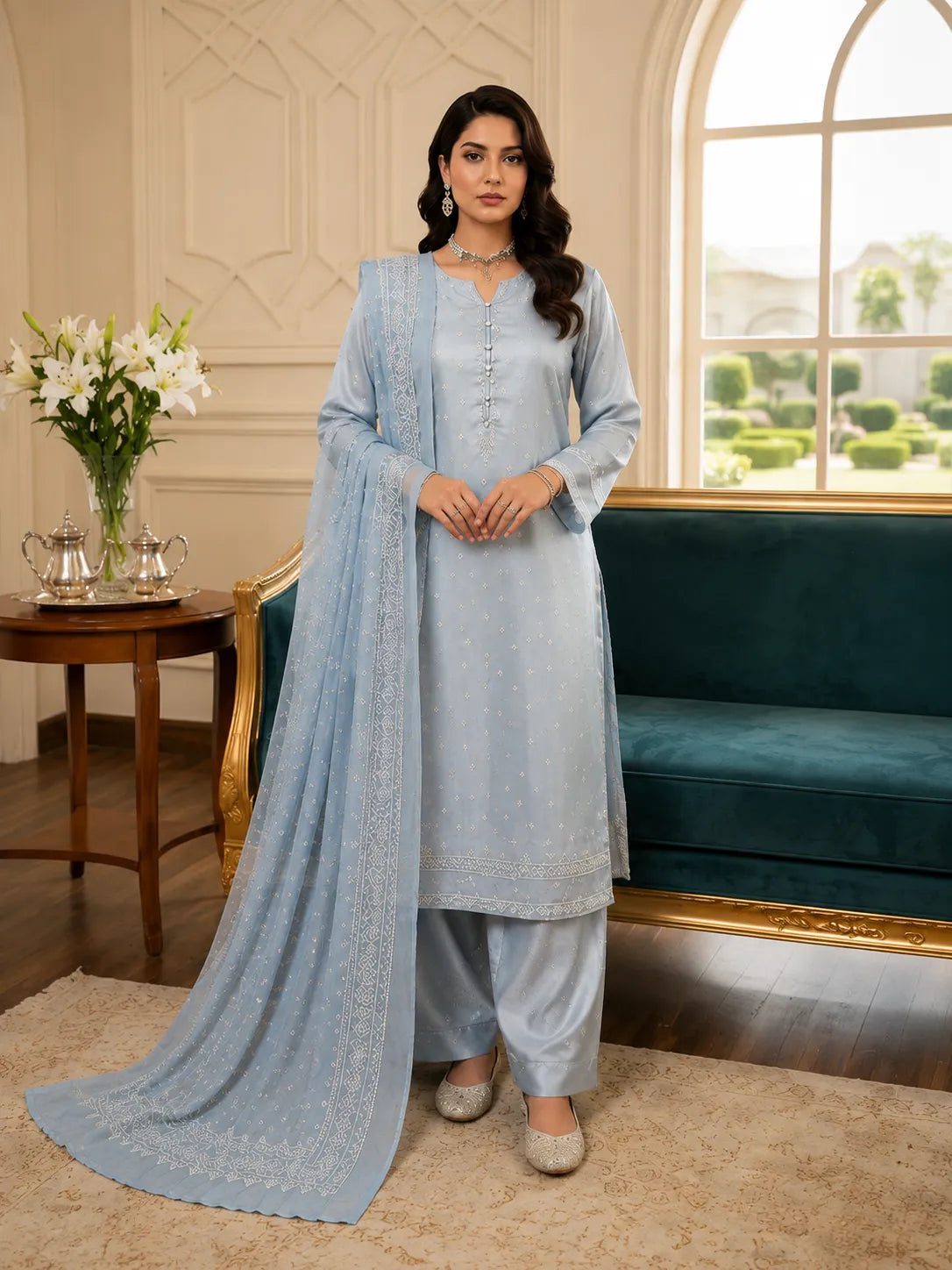 Premium 3 Piece Light Blue Shamoz Silk Suit – Embroidered Pearl Button Collection