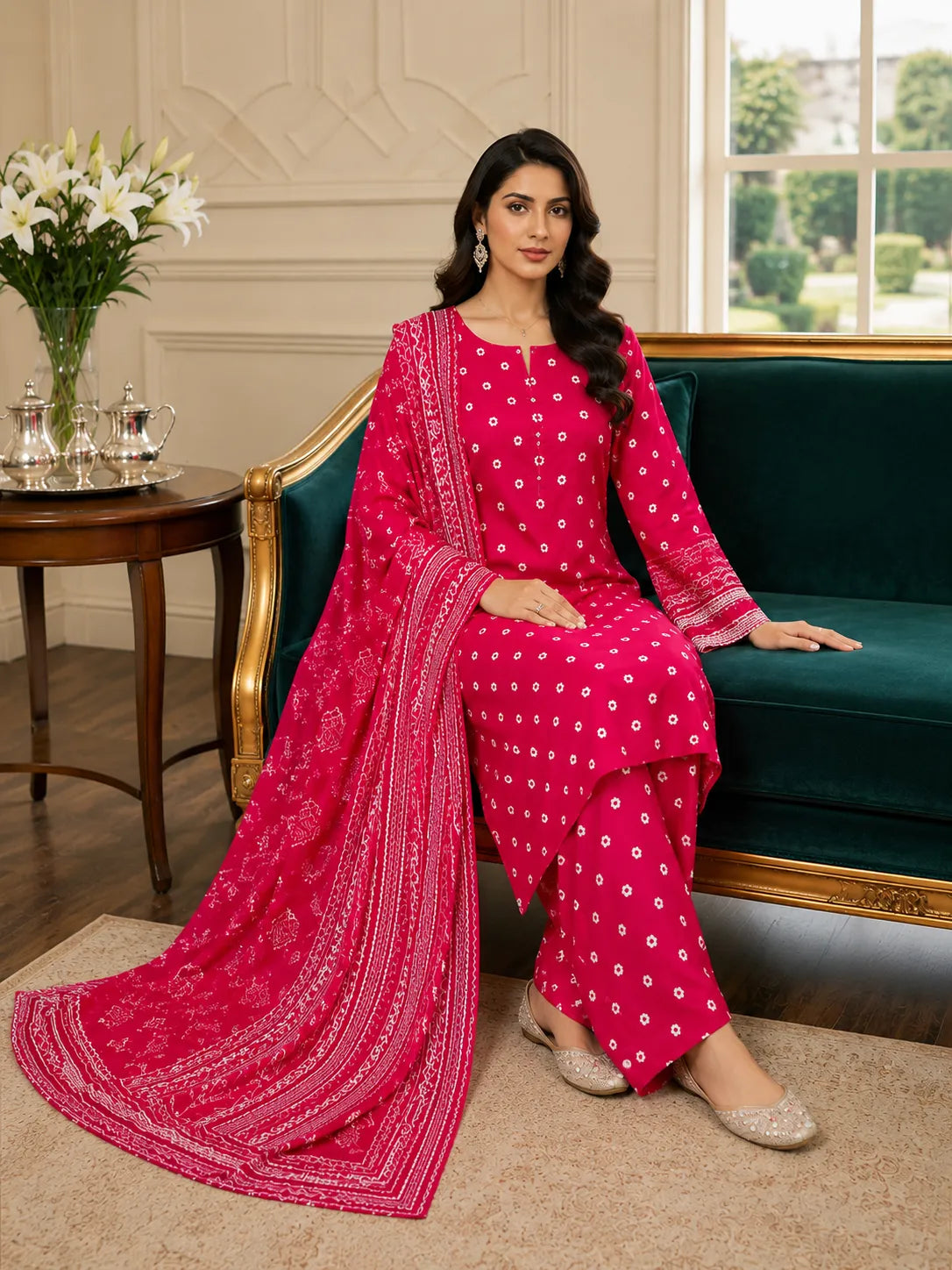 Premium 3 Piece Shamoz Silk Suit – Hot Pink Embroidered Collection