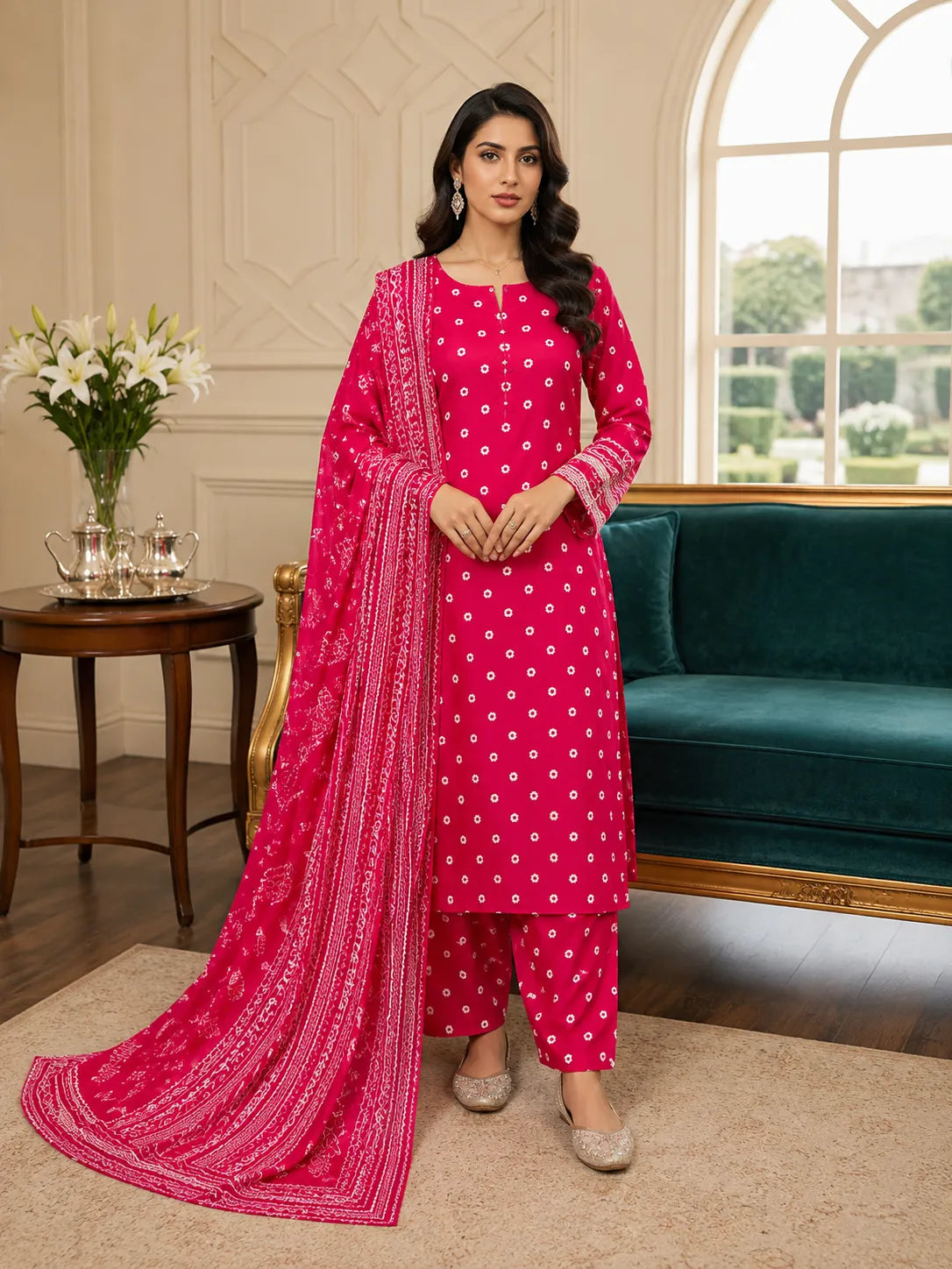 Premium 3 Piece Shamoz Silk Suit – Hot Pink Embroidered Collection