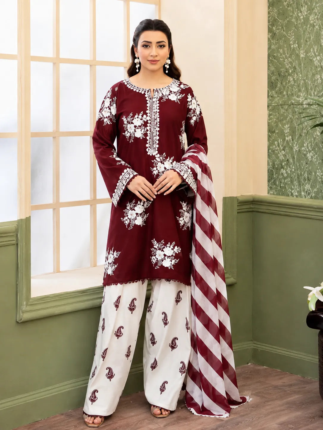 Maroon Floral Embroidered 3-Piece Lawn Suit
