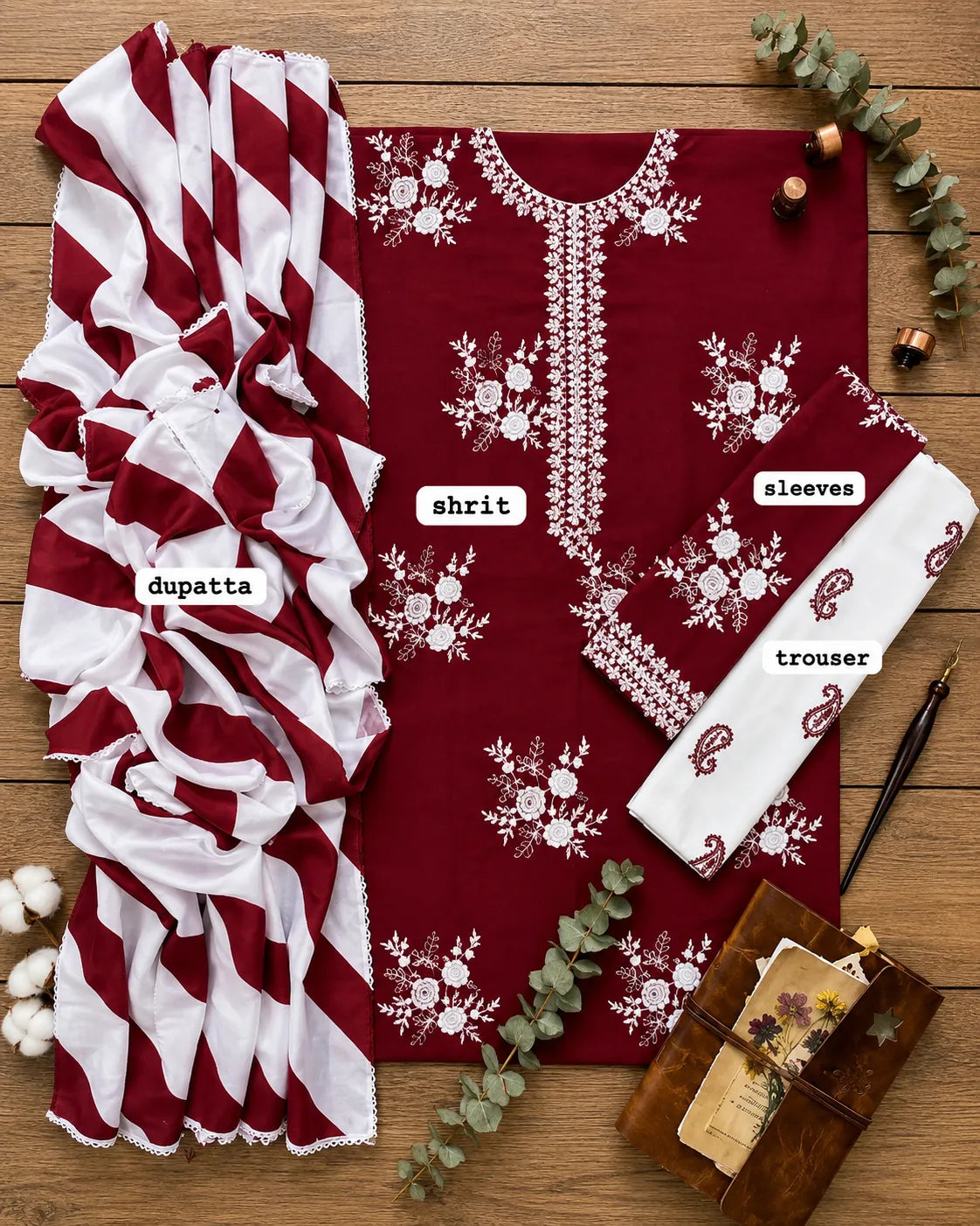 Maroon Floral Embroidered 3-Piece Lawn Suit