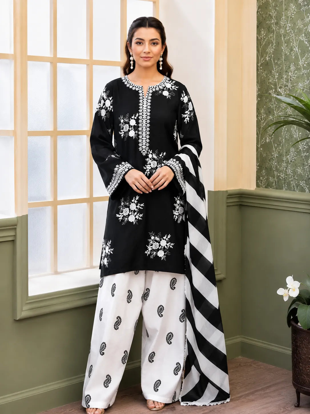 Black Floral Embroidered 3-Piece Lawn Suit