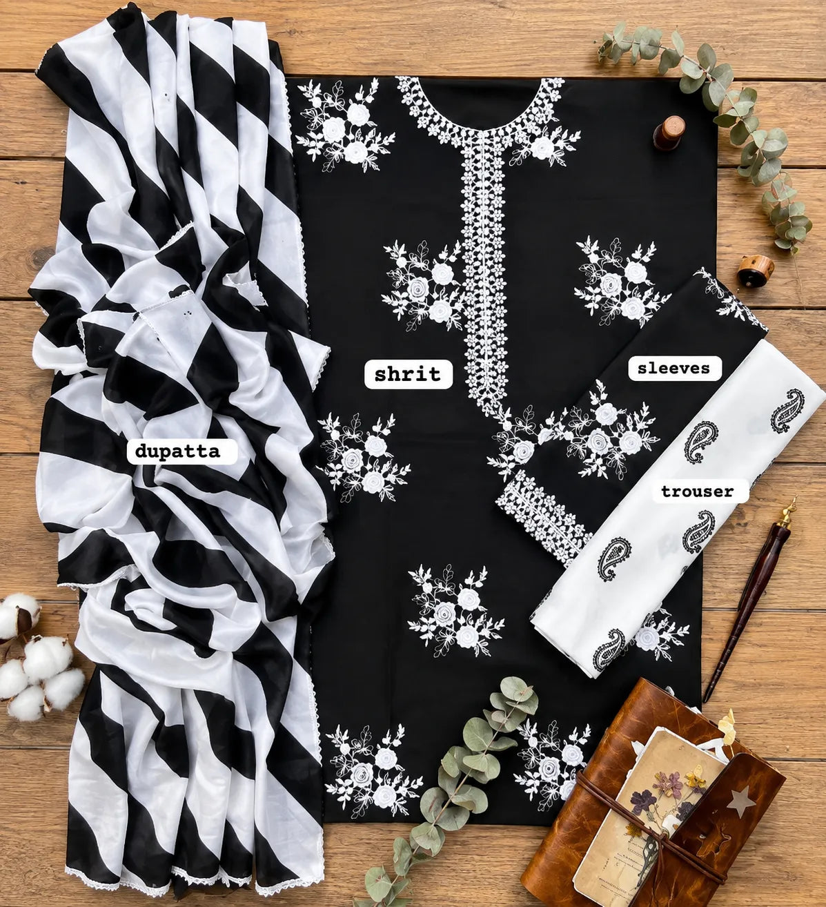 Black Floral Embroidered 3-Piece Lawn Suit
