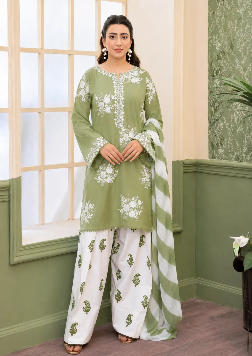 Sage Green Floral Embroidered 3-Piece Lawn Suit