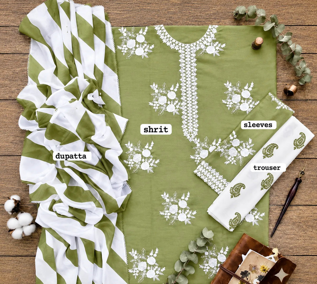 Sage Green Floral Embroidered 3-Piece Lawn Suit