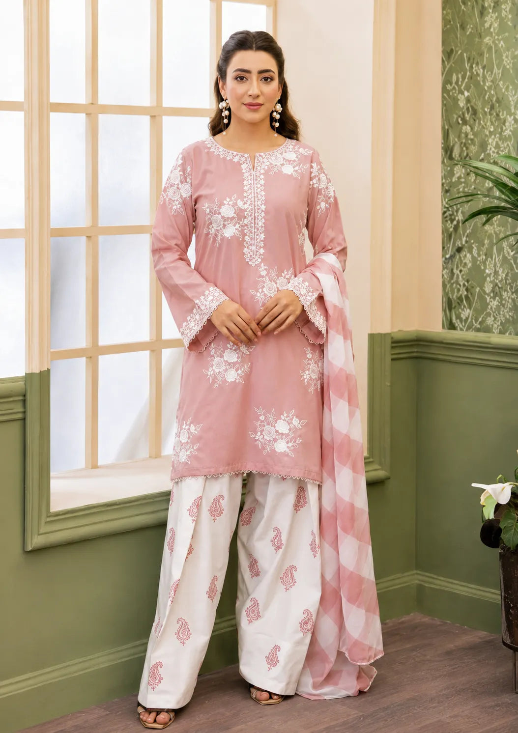 Dusty Pink Floral Embroidered 3-Piece Lawn Suit